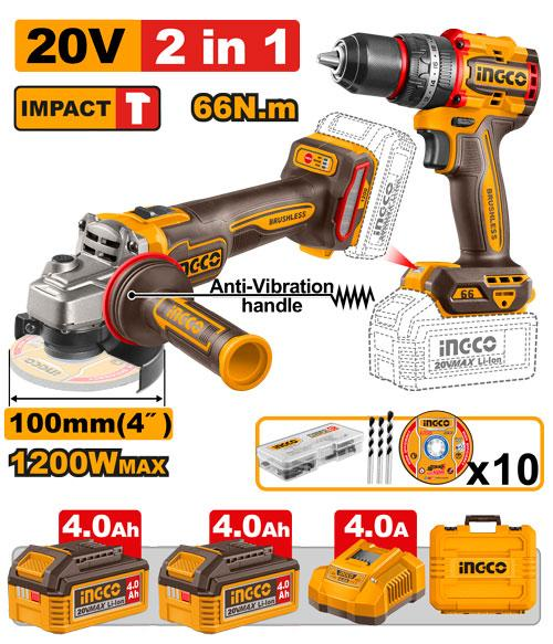 INGCO CKLI2025610 20V 2-Piece Combo Kit – Brushless Angle Grinder 1200W and Impact Drill 66Nm with 2x4Ah Batteries